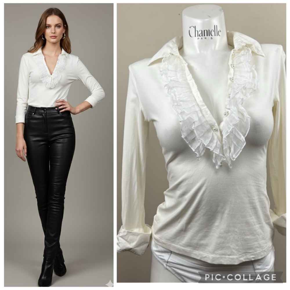 ANNE FONTAINE FRANCE white V neck ruffle details and pearl buttons blouse shirt